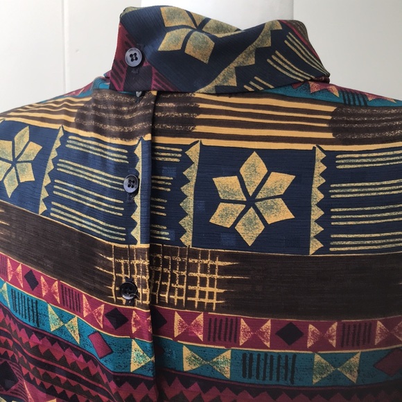 Vintage 80s Jewel Tone Striped Geometric Snowflake Turtleneck Satiny Winter Top - Picture 5 of 8